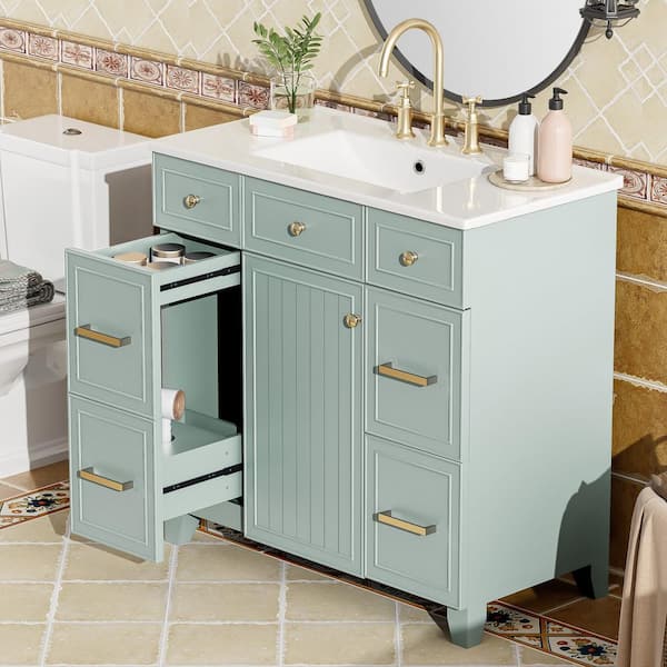 36 in. W x 18 in. D x 34.3 in. H Single Sink Freestanding Bath Vanity in Green with White Cultured Marble Top