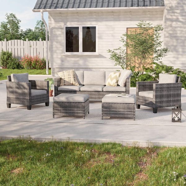 SANLUCE 5-Set Outdoor Gray PE Wicker Conversation Couch Set Extra Ottomans Design for Lawn, Patio and Porch, Light Gray