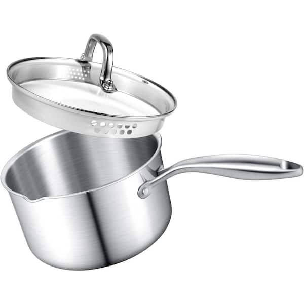 1-Piece Stainless Steel Multipurpose Saucepan Thicken Tri-ply Glass Lid Two-Size Drain Holes Kitchen Pot Set