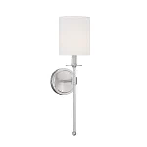 5 in. W x 20 in. H 1-Light Brushed Nickel Wall Sconce with White Fabric Shade