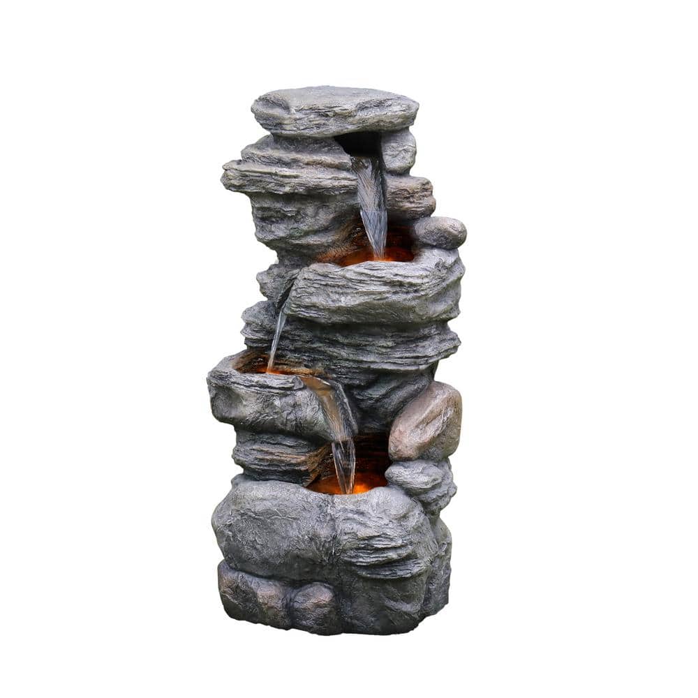 Teamson Home Gray 4-Tier Faux Stone Water Fountain with LED Lights