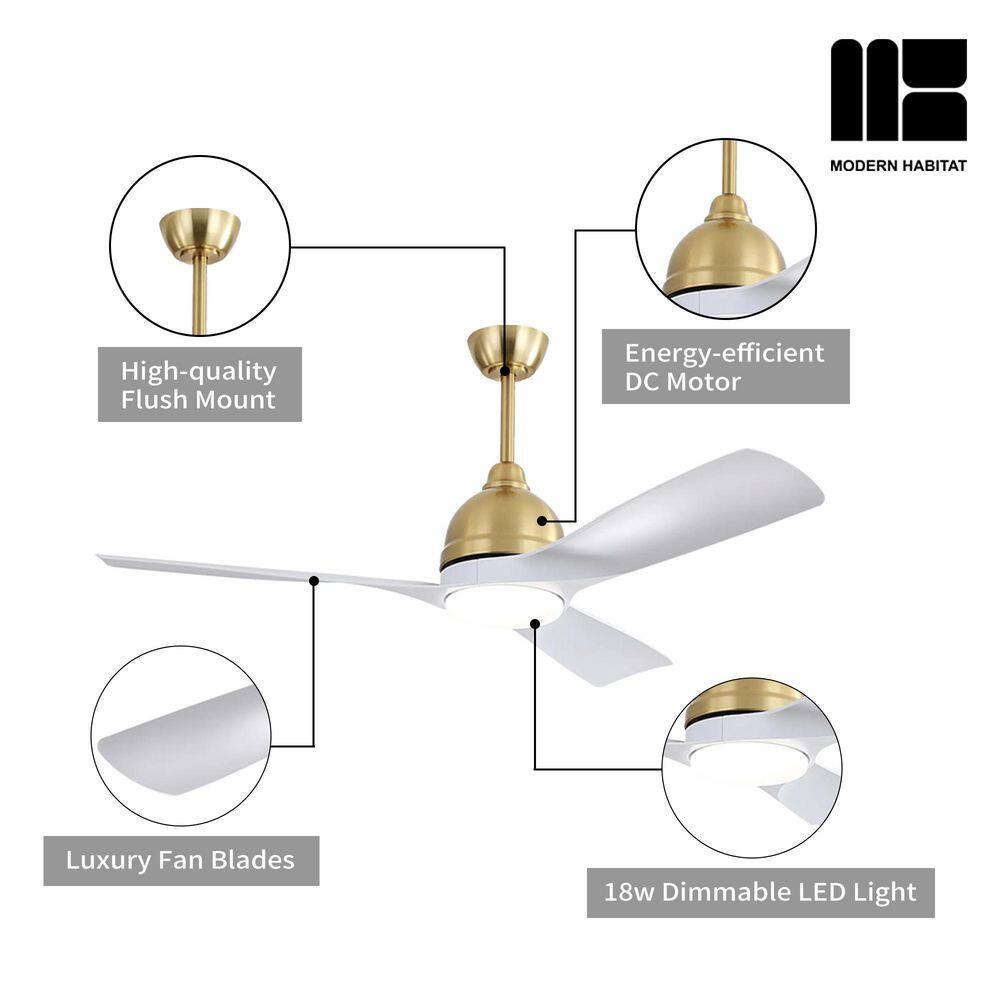 54" White and Gold Modern Ceiling Fan with LED Light and Remote