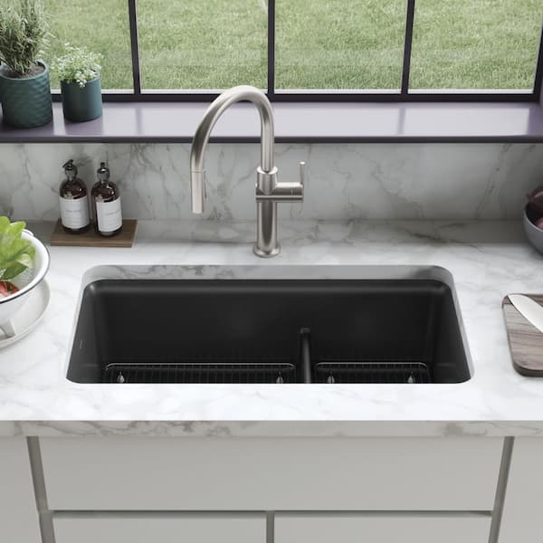 Cairn Matte Black Granite Composite 33 .5 in. Double Bowl Undermount Kitchen Sink