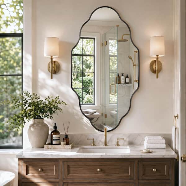 24 in. W x 36 in. H Scalloped Black Aluminum Alloy Framed Wall Mirror Irregular Decorative Wall Mirror