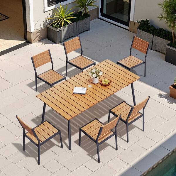 7-Piece Brown 70 in. Aluminum Patio Outdoor Dining Set with Umbrella Hole and Stackable Dining Chairs
