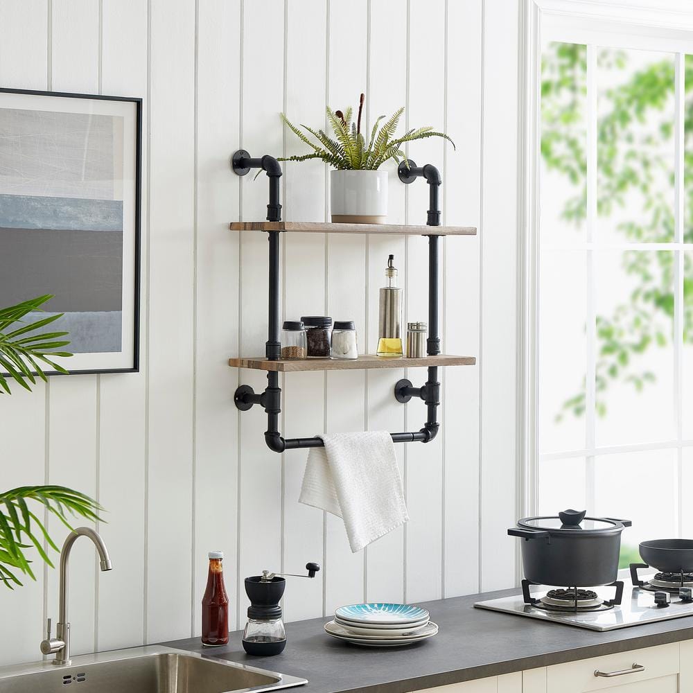 Rustic Brown 28" Iron & Wood Dual Shelf Wall Unit with Towel Rod