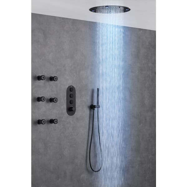 Luxury 5-Spray Thermostatic Shower Head 16 in. Round Ceiling Fixed and Handheld Shower Head and 6-Jet in Matte Black