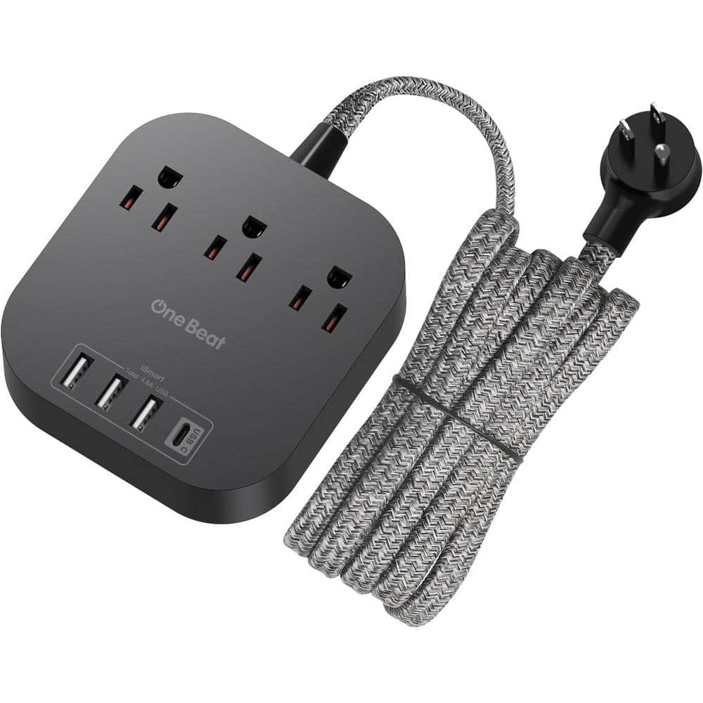 Black 10ft Braided Cord Power Strip with USB-C and USB-A Ports