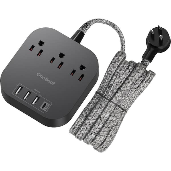 Lukyamzn 10 ft. Braided Cord Power Strip with Flat Plug, 3-Outlets 4-USB Ports (1 USB-C) Non Surge Protector for Travel in Black