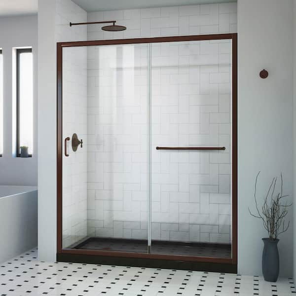 30 in. L x 60 in. W x 76 3/4 in. H Alcove Shower Kit with Sliding Semi-Frameless Shower Door in Bronze and LB Shower Pan