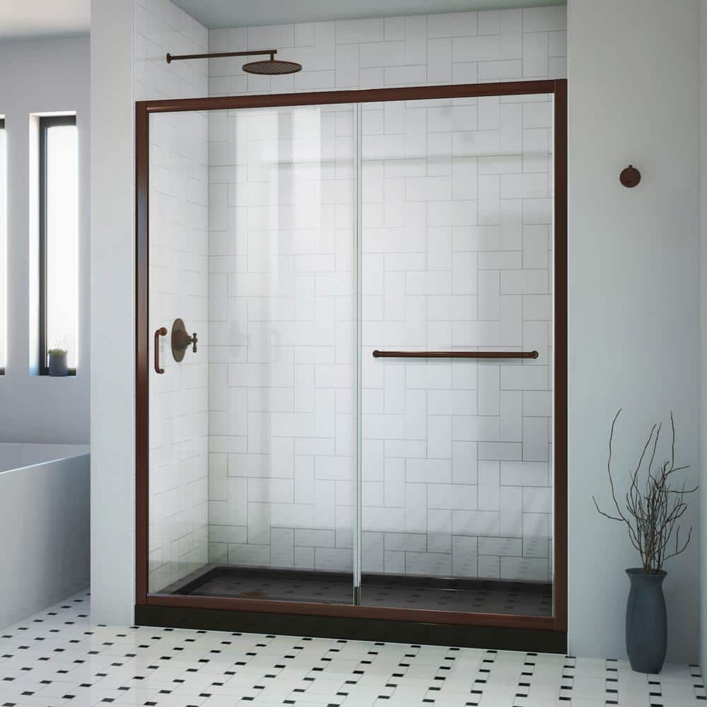 36 in. L x 60 in. W x 76 3/4 in. H Alcove Shower Kit with Sliding Semi-Frameless Shower Door in Bronze and LB Shower Pan price history on PriceWatchPro