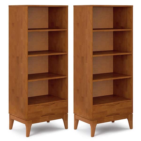 Harper 60 in. Tall Teak Brown Solid Wood 4-Shelf Mid-Century Modern Bookcase with Drawer (Set of 2)