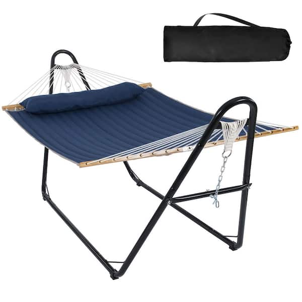 Atesun 10 ft. Quilted 2-Person Hammock Bed with Stand, up to 475-Capacity, Pillow Included, Dark Blue