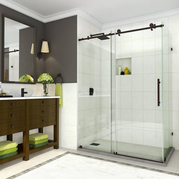 Aston Coraline 56 in. to 60 in. x 33.875 in. x 76 in. Frameless Corner Sliding Shower Enclosure in Bronze