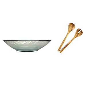 French Home Vintage Recycled Glass 12 in. 50 fl. oz. Clear Glass Multi-Purpose Serving Bowl and Olive Wood Servers