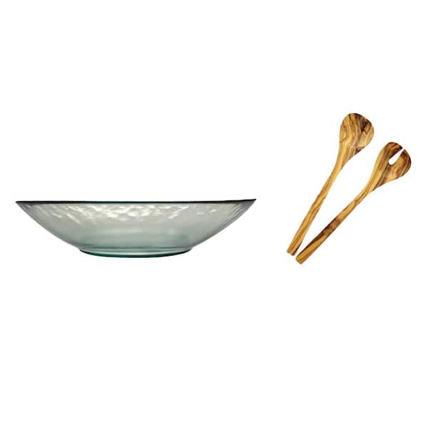 Unbranded French Home Vintage Recycled Glass 12 in. 50 fl. oz. Clear Glass Multi-Purpose Serving Bowl and Olive Wood Servers