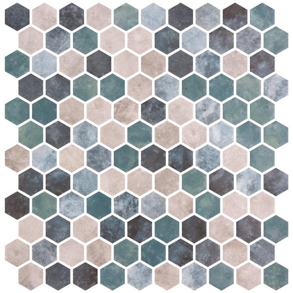 Trillion Peacock Tan/Blue/Green Glossy 4.5 in. x 8.25 in. Geometric Glass Mosaic Tile Sample