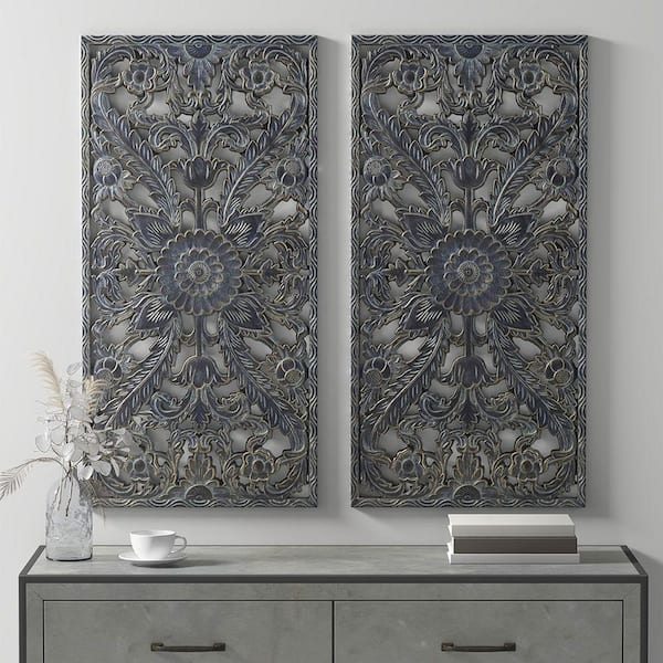 TUKTUK Bulda 31.5 in. x 15.75 in. Antique Blue Distressed Carved Art Wall Decor Wall Sculptur Wooden Wall Art (Set of 2)