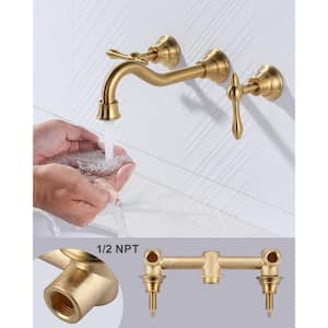 Double Handle 3-Hole Brass Wall Mounted Antique Bathroom Sink Faucet in Brushed Gold