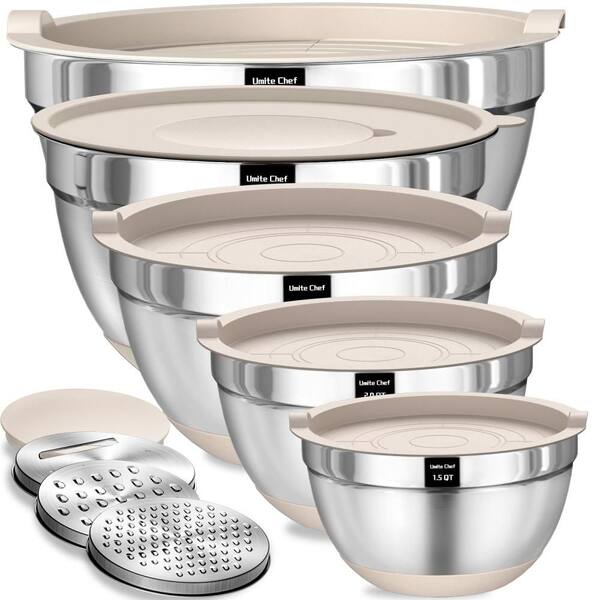 5-Set Stainless Steel Nesting Mixing Bowls with Airtight Lids, 3 Grater Attachments and Non-Slip Bottoms, Khaki