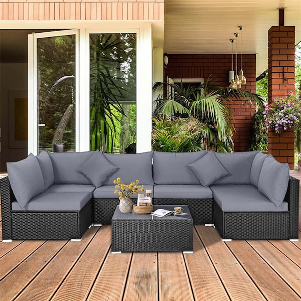 7-Piece Wicker Patio Conversation Rattan Furniture Set Sectional Sofas with Off White and Gray Cushions