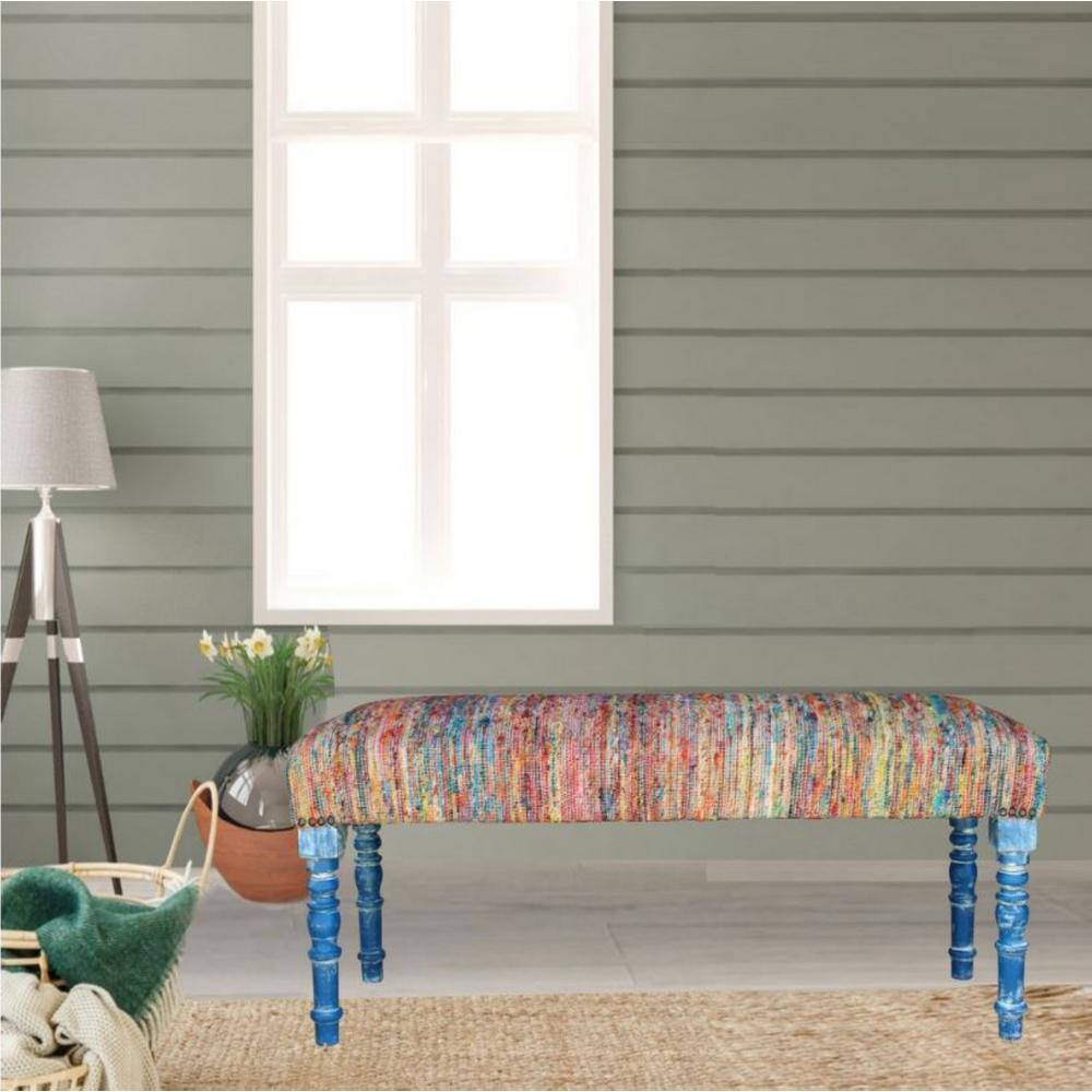Colorful Chindi 47" Bench with Storage and Blue Legs
