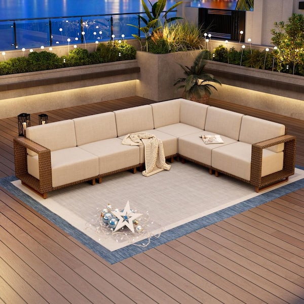 Brown Rattan Wicker 6 Seat 6-Piece Steel Outdoor Sectional Set with Beige Cushions