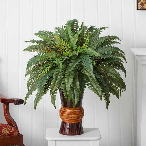 Nearly Natural Indoor Boston Fern Artificial Plant in Stone Planter