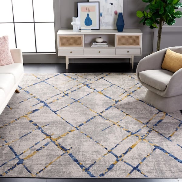 Odyssey 7 ft. x 7 ft. Gray/Blue Gold Distressed Geometric Square Area Rug