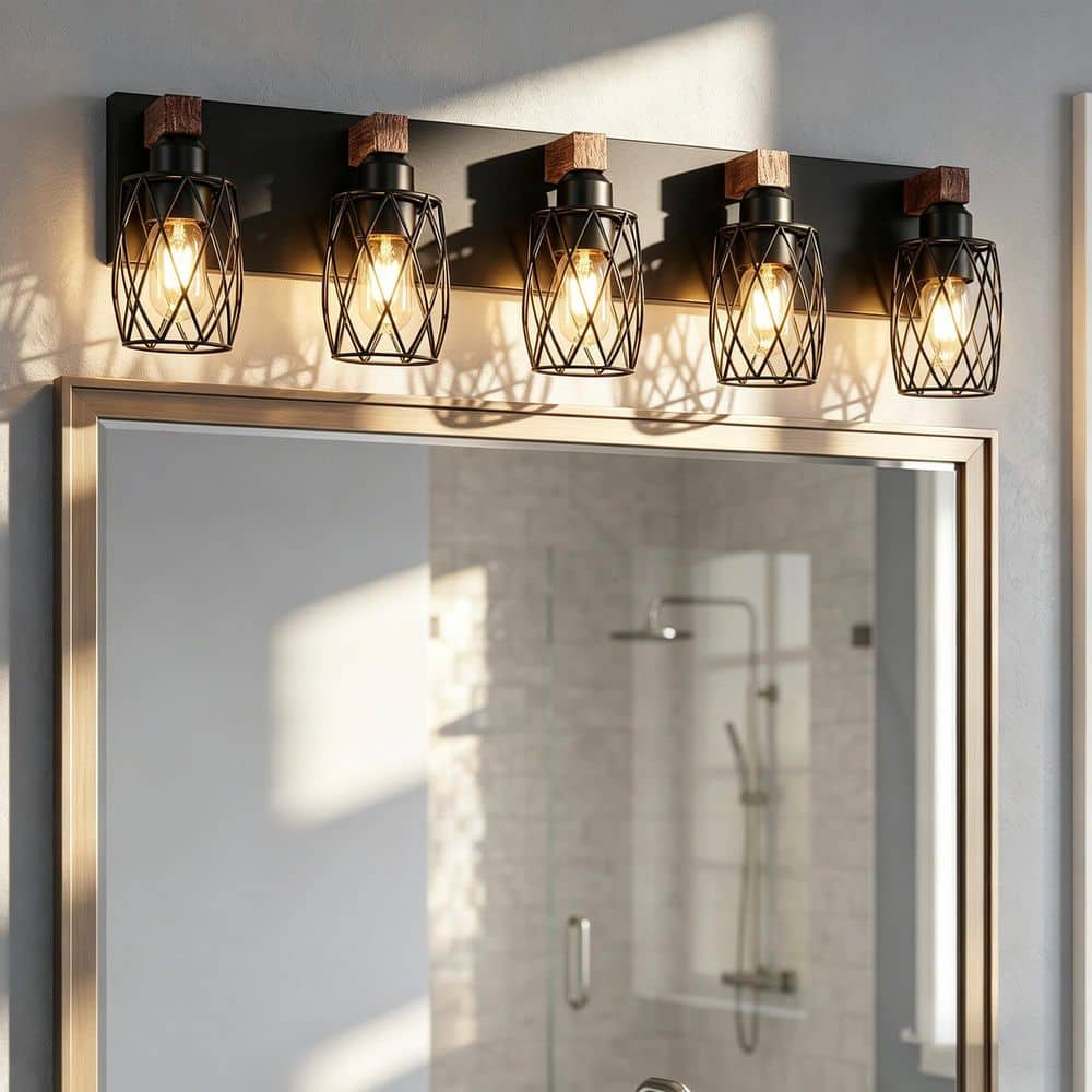 31 in. 5 Light Black Vanity Light Cage Wall Lighting Fixture with Wooden Accents for Bathroom Hallway price history on PriceWatchPro