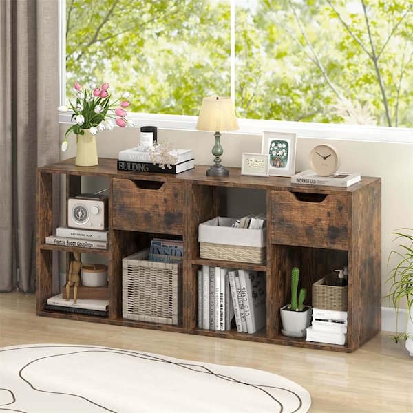 21 in. Tall Rustic Brown Engineered Wood 2-Shelf Open Shelf Bookcase with Drawer Home Storage Organizer