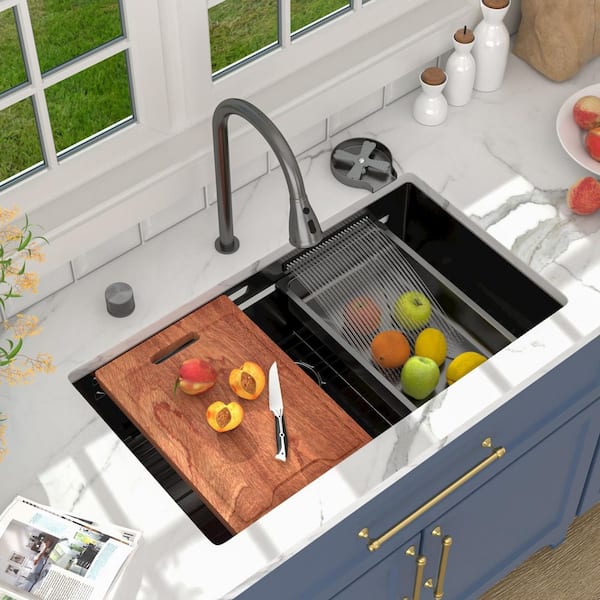 33 in. x 19 in. Gunmetal Black Undermount Single Bowl 16G Stainless Steel Workstation Kitchen Sink with Pull Down Faucet