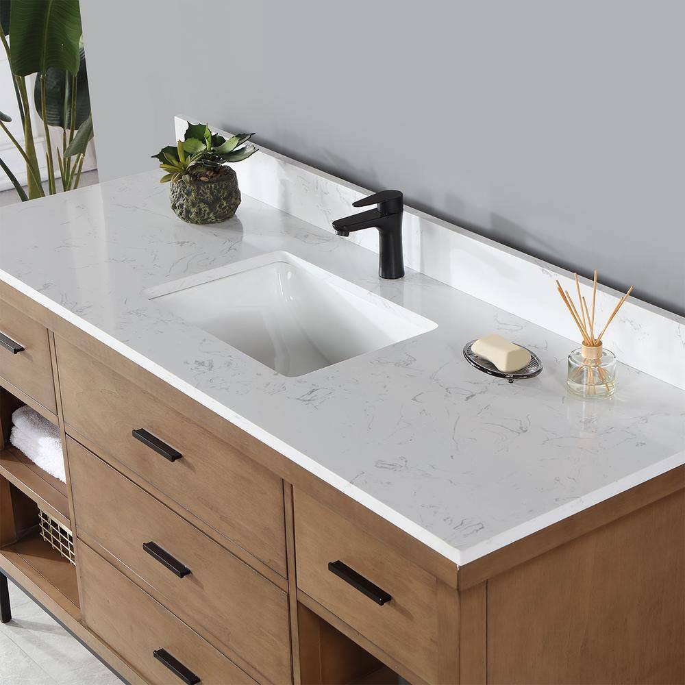 Kesia 60" Brown Pine Vanity with White Stone Countertop