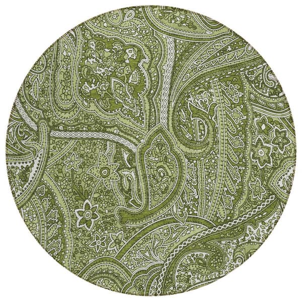 Artichoke Green, Olive Green 8 ft. Round Woven Paisley Polyester Round Indoor/Outdoor Area Rug