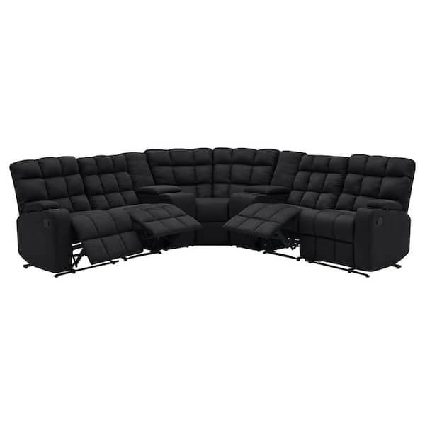 ProLounger 7-Piece Black Microfiber 4-Seater Curved Power Reclining Sectional Sofa with Storage Consoles