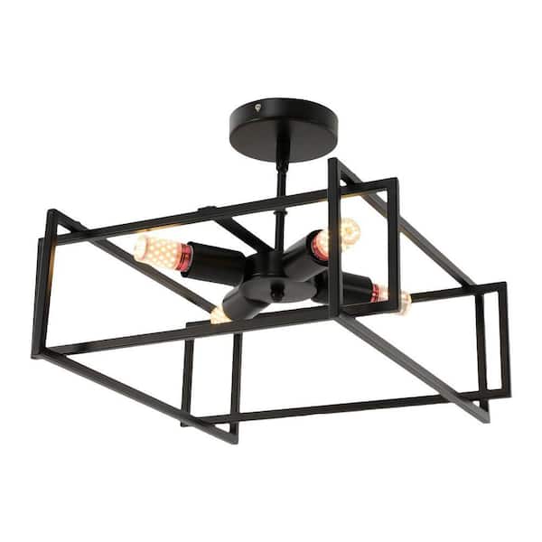 15.35 in. 4-Light Black Industrial Semi-Flush Mount Ceiling Light for Bedroom Living Room with No Bulbs Included
