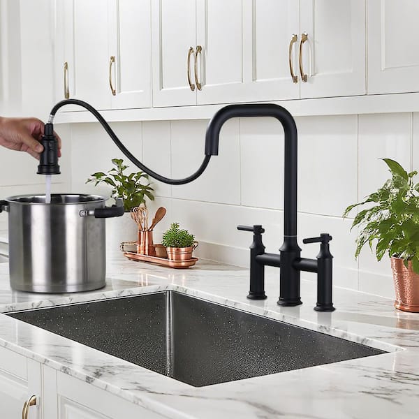 Double Handle Bridge Kitchen Faucet with Advanced Spray in Black