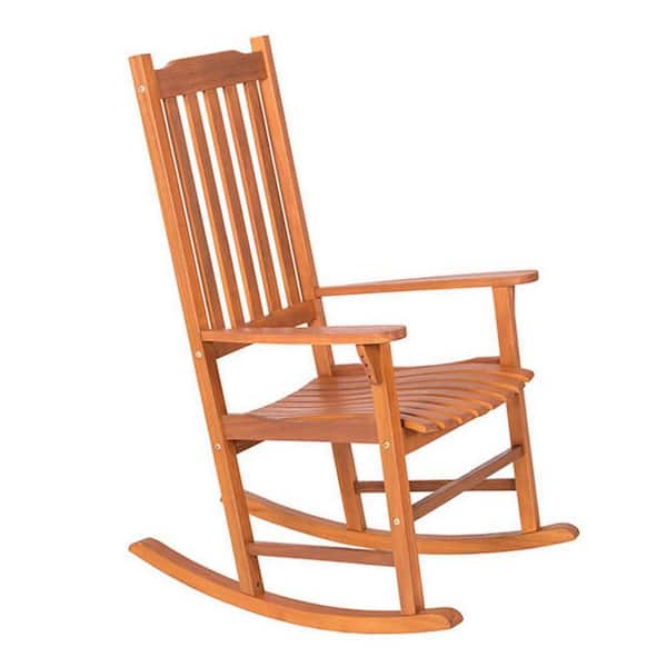 Benjara Natural Brown Wood Outdoor Rocking Chair with Slatted and Wide Armrests