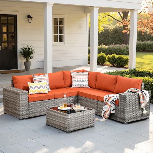 HOOOWOOO Tahoe Gray 6-Piece Wicker Extra-Wide Arm Outdoor Patio Conversation Sofa Set with Orange Red Cushions