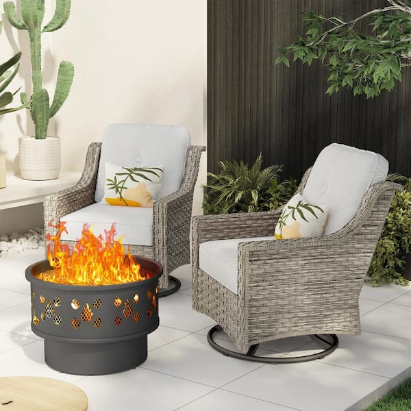 Toject Eureka Gray 3-Piece Wicker Patio Conversation Swivel Chair Set with a Wood-Burning Fire Pit and Light Gray Cushions