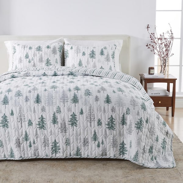 Grey Reversible Woodland Forest 3 Piece Microfiber Polyester Quilt Set, Full / Queen