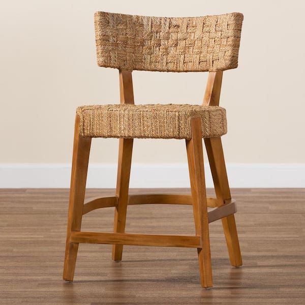 Sabit 24.2 in. Natural Brown Wood Counter Stool with Seagrass Seat