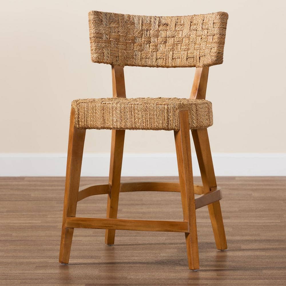 Natural Brown Mahogany and Seagrass Bohemian Counter Stool