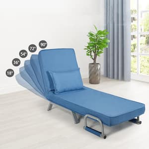 23.5 in. W Square Arm Linen 5 Position Convertible Sofa Chair Straight Folding Sleeper Bed w/Pillow Blue