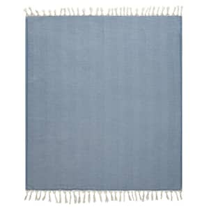 Averie Faded Blue/Cream Herringbone Farmhouse Organic Turkish Cotton Throw Blanket