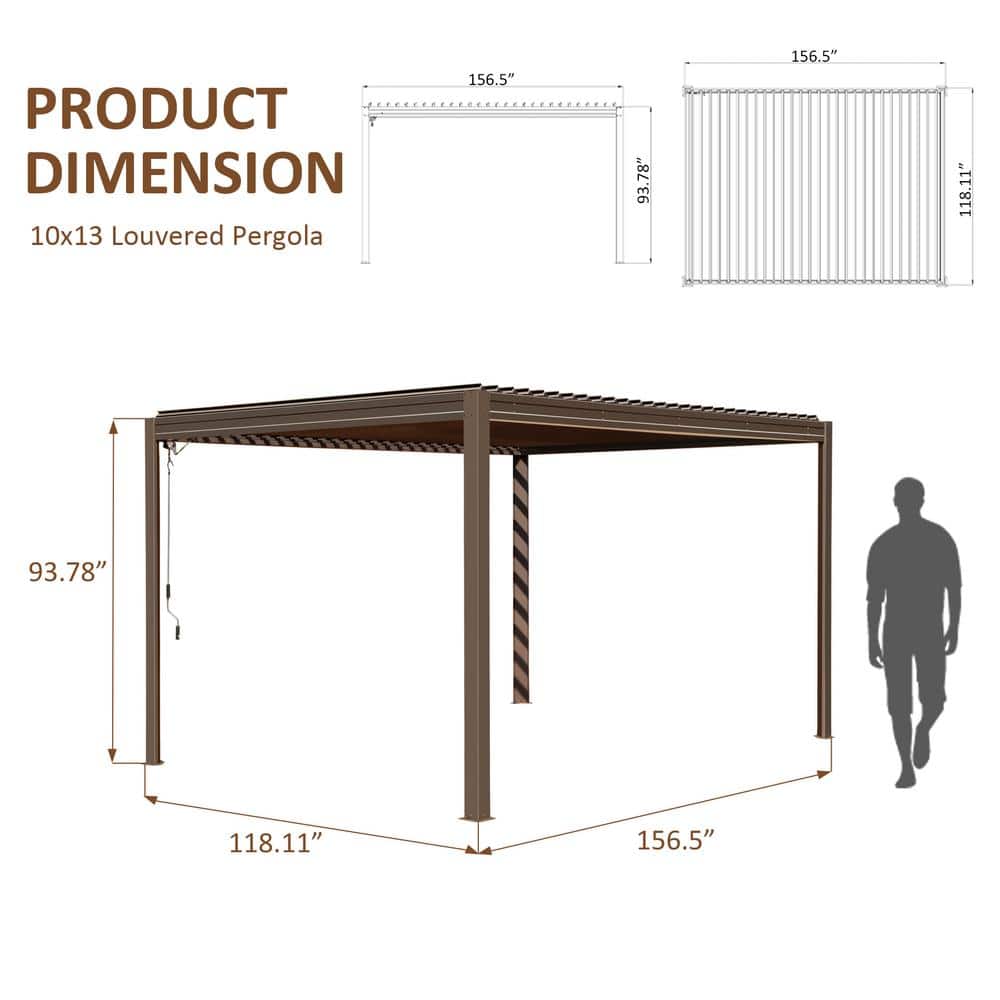 Brown Aluminum 10' x 13' Louvered Pergola with Adjustable Roof