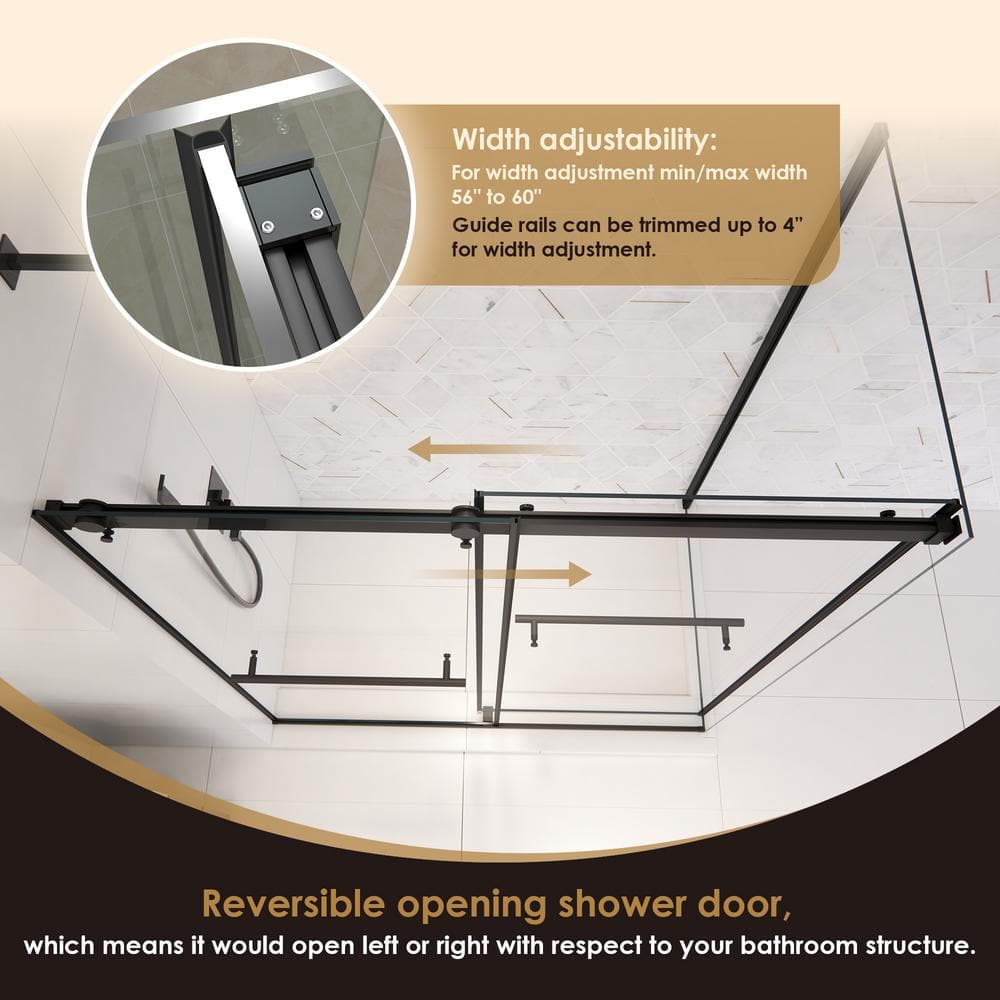 Belizzi 60" Matte Black Frameless Sliding Shower Enclosure