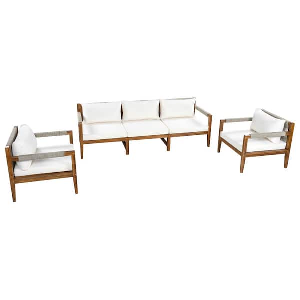 3-Piece Patio Brown Rope Woven Wood Outdoor Sectional Set with Beige Cushions