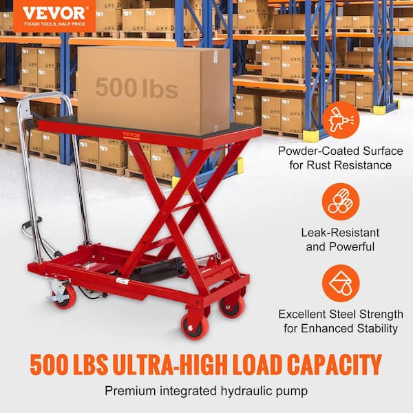 Hydraulic Lift Table Cart 500 lbs. Capacity Manual Single Scissor Lift Cart with 4 Wheels 28.5 in. Lifting Height (Red)