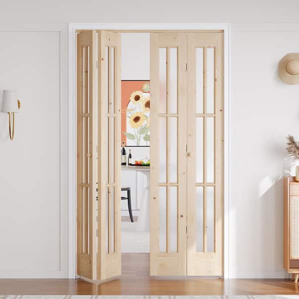 48 in. x 80 in. 6 Lite Pre Assembled Frosted Glass Brown Unfinished Solid Core Wood Bi-fold Door with Hardware